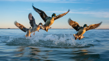 bald eagles soar gracefully over a serene lake at dusk, capturing the essence of a vibrant summer evening. the photo showcases their lively action poses against a backdrop of light turquoise and dark yellow hues, reminiscent of dutch marine scenes. with a touch of precisionist art, this high-quality image beautifully captures the essence of nature's beauty. ai generatedの素材