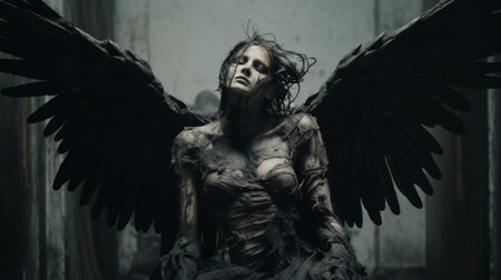 an untitled wallpaper featuring a winged animal against a dark background. the image showcases elements of womancore, decay, and decayed aesthetics, with sculptural costumes and backlit photography. the dark, muted colors and monochromatic chaos create a captivating atmosphere. the naturalistic portraiture adds depth to the overall composition. ai generatedの素材