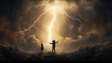two adults and a child are seen running down a hill towards a striking lightning storm. this captivating image, rendered in maya, combines realistic and fantastical elements. it presents an apocalyptic collage with a lit kid, surrounded by dramatic god rays. the emotional storytelling and concept art make this a visually stunning composition. ai generatedの素材