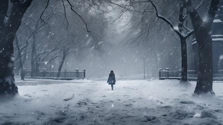 a person wearing dark glasses walks through a snow-covered park, creating a layered and atmospheric landscape. the scene resembles a matte painting, with new york city as the subject matter. the use of atmospheric blues adds to the emotional and dramatic feel of the image, effectively depicting trapped emotions in this concept art. ai generatedの素材