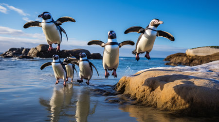 penguins jumping in the iconic style of vivid birdlife, captured in dappled light. these candid shots of famous figures showcase the beauty and energy of these incredible creatures. the large format lens used brings out every detail, while the ndebele-inspired motifs add a unique touch to the composition. ai generatedの素材