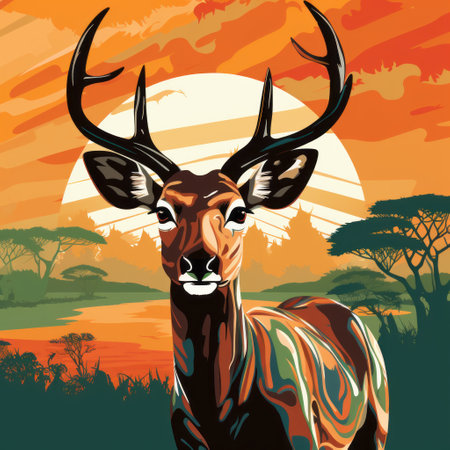 a deer stands gracefully in a mesmerizing sunset landscape, captured in a diy paint by numbers kit. this artwork, inspired by the style of butcher billy and the art of the ivory coast, showcases naturalistic proportions and incorporates exotic flora and fauna. the composition is reminiscent of the multi-layered works of martiros saryan. ai generatedの素材