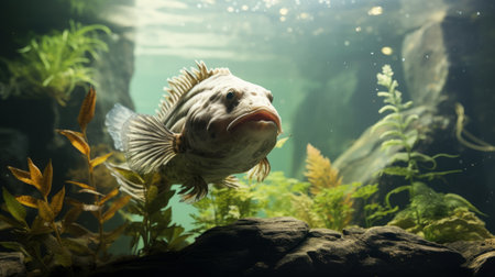 a large fish with a strong facial expression swims gracefully in the water of an aquarium. this nature-inspired imagery captures the beauty and power of marine life, reminiscent of a national geographic photo. the stunning visuals are rendered using the unreal engine, creating a mesmerizing and streaked effect. ai generatedの素材