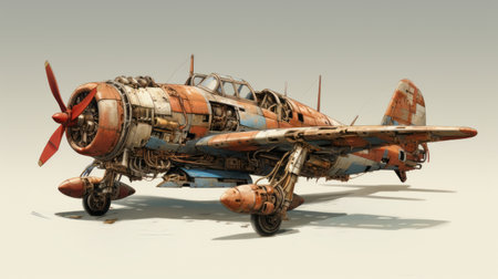 an old rusty plane painted with red and blue paint, featuring realistic and hyper-detailed renderings. the dusty piles surrounding it create a contrasting backdrop of dark white and light amber. the bold, manga-inspired characters add a touch of beauty to this artwork. the subtle tonal values and neo-geo style make this piece truly captivating. ai generatedの素材