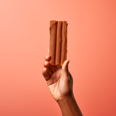 a person holds up a chocolate bar against a flintlined background, showcasing minimal retouching. the image features hyper-realistic details and a terracotta color palette. the candycore of the chocolate bar is made of cheese, creating a unique twist. softbox lighting enhances the overall composition, adding depth and dimension to the photo. ai generatedの素材