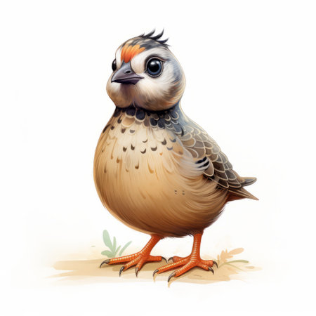 a small bird perched on a soft brown ground, showcasing detailed character expressions in a style that combines elements of concept art, hyper-realism, simplified and stylized portraits. the bird's surroundings evoke a weathercore aesthetic, while the overall composition highlights inventive character designs in a tondo format. ai generatedの素材