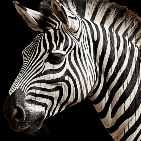 a zebra standing against a black background, captured in a hyper-detailed and realistic portrait style. the photo showcases vray tracing and photo-realistic techniques, highlighting the zebra's monochromatic geometry and the vibrant colors of woodcarvings. the composition also features elements of hard-edge painting. ai generatedの素材