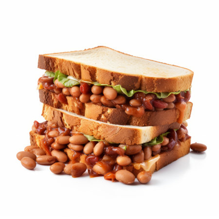 a toasted sandwich with chili beans on it, captured in a visually striking overexposure effect. this photograph showcases detailed and layered compositions, reminiscent of the meticulous photorealistic still lifes by tadao ando. with influences from the artistic movement of frogcore and spanning from 1970 to the present, this image is a testament to the creative vision of john wilhelm. ai generatedの素材