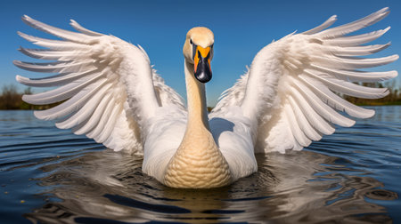 white swan gracefully gliding on the water, showcasing its open wings. this stunning photograph captures the essence of the dusseldorf school of photography with its bold chromaticity and use of a wide-angle lens. the swan's light yellow and amber hues add a touch of naturalistic beauty to this contest-winning image. the grandeur of scale and the swan's majestic presence make this photo reminiscent of aの素材