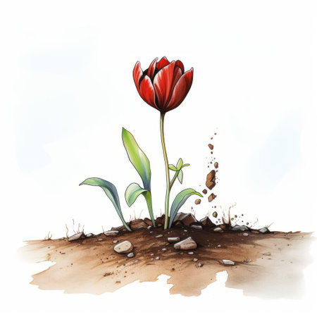 red tulip growing in the ground with dirt, featuring an editorial illustration style. this aggressive digital illustration showcases elements of tumblewave, 2d game art, ink and wash techniques, as well as irony and humor. a unique representation of bloomcore. ai generatedの素材