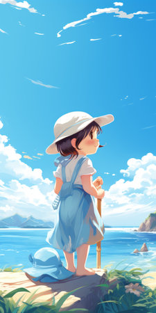 a cute little girl in a red dress and hat stands by the water, unable to see it. the photo captures the essence of ocean academia, with realistic blue skies and lush scenery. the image has a low resolution, giving it a sketch-like quality. the colors are light white and light indigo, reminiscent of kintsukuroi. ai generatedの素材