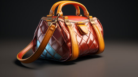 a 3d model of a bag showcasing a vibrant and saturated palette. the bag is rendered using vray tracing, resulting in a realistic and hyper-detailed appearance. the colors used include light crimson, amber, bronze, and azure. the rendering technique features crosshatched shading, adding depth and texture to the image. a color splash effect enhances the overall visual impact. ai generatedの素材