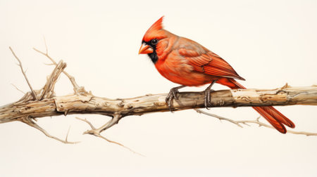 red cardinals perched on a branch, captured in a hyper-detailed and realistic style. this minimalist painting showcases the artist's talent for creating hyper-realistic animal illustrations. the image embodies the essence of prairiecore and editorial illustrations, with an ironic touch and sharpness that adds depth to the composition. ai generatedの素材