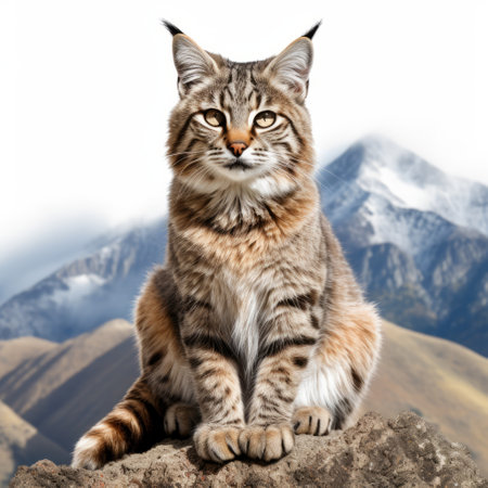 a lynx perched on a rock, gazes at the majestic mountains. this national geographic photo showcases the mischievous feline motif with a solarization effect, adding a unique touch. the colorization highlights the attention to detail in the fur and feathers texture, creating a captivating high-resolution image by donald pass. ai generatedの素材
