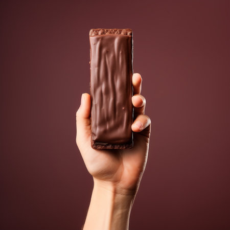 a female hand holds a chocolate bar in front of a red light backdrop. the photo showcases accurate and detailed elements with a thick texture. the color scheme includes paleocore, dark navy, and dark brown, giving it a dullcore aesthetic. the composition is solid and structured, reminiscent of shin taga style. ai generatedの素材