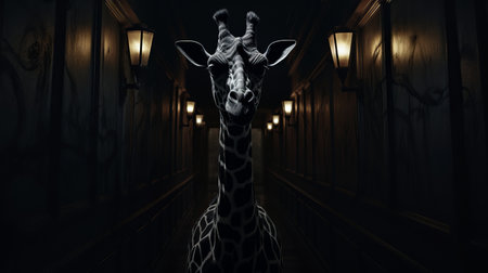 a giraffe stands in a hallway, surrounded by a dark atmosphere. this sketchfab image showcases a realistic rendering with eerie lighting, creating a playfully dark ambiance. the optical illusions in this artwork make the giraffe appear eerily realistic. ai generatedの素材