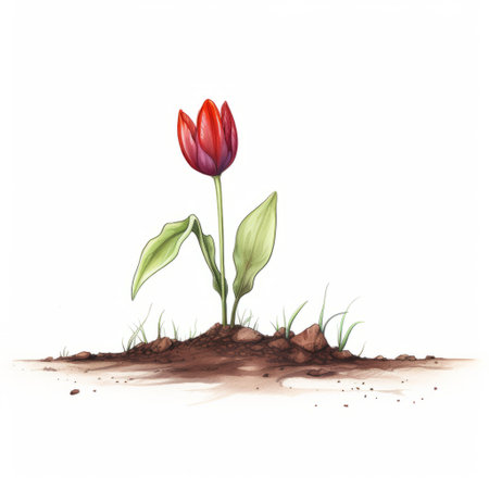 a red tulip emerges from the ground, showcasing intricate character illustrations and realistic landscapes with soft edges. the image captures a sense of raw vulnerability and is reminiscent of editorial illustrations. the illustration features a vibrant combination of magenta and brown, creating an absurd doodle-like effect. ai generatedの素材
