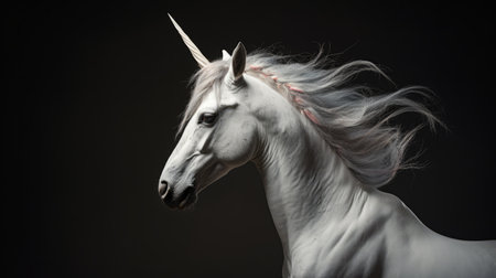 a white unicorn stands gracefully on a black background in this black and white image. created in the style of zbrush, the golden light adds a touch of enchantment. the post-processing enhances the dark silver and light crimson tones, while the subtle ink application adds depth. the organic sculpting and high-speed sync capture the unicorn's beauty and elegance. ai generatedの素材