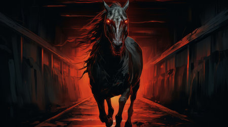a black horse with fiery eyes stands in a dark tunnel, reminiscent of light bronze and crimson necronomicon illustrations. the image features layered imagery with subtle irony, lifelike renderings, and a touch of caninecore. this iconic photo captures the intense and mysterious essence of the horse, creating a visually striking and captivating composition. ai generatedの素材
