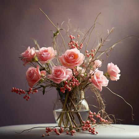 pink roses in a transparent vase, surrounded by grasslike tulips, create a captivating image against a dark background. the composition showcases twisted branches, organic forms, and ornamental details, all in muted tones. this photograph by mike campau embodies the prairiecore style, with its subtle play of light and shadow and shallow depth of field. ai generatedの素材