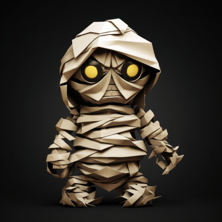 a miniature mummy head dresden is showcased on a dark background, featuring a cartoonish character design with folded planes. the innovative page design highlights the mingei style, while the heavily textured and wrapped appearance adds depth to the image. ai generatedの素材