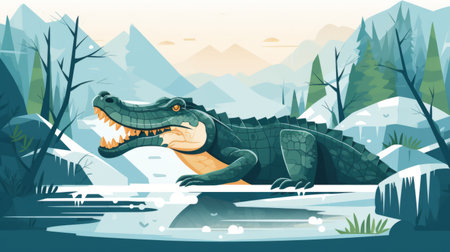 a cartoon crocodile gracefully swims in the water, depicted in a graphic design-inspired illustration style. the artwork captures the essence of frostpunk and showcases a panoramic scale. the flat illustrations beautifully portray australian landscapes, merging the worlds of graphic illustrations and the iconic ferrania p30 film. ai generatedの素材