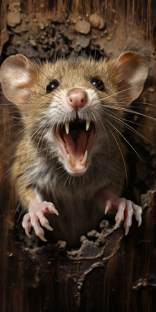 a brown rat with dynamic and exaggerated facial expressions is seen posing in a hole within a wooden frame. this close-up photograph, colorized by vicente romero redondo, captures the joyful chaos and intense energy of the rat. the image showcases the toothy grin and expressive features of the rat, creating a captivating and vibrant composition. ai generatedの素材