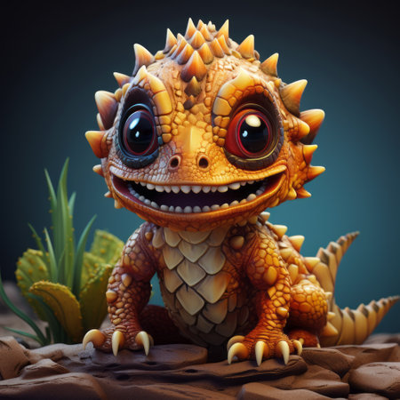 a cute cartoon creature with shiny eyes stands playfully in front of some rocks. this interesting cartoon character is depicted in a realistic hyper-detailed rendering style, featuring cute cartoonish designs. the artwork showcases intricate zigzags and draws inspiration from the works of bill gekas and the dinocore series. ai generatedの素材