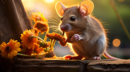 a big mouse, captured in a photo-realistic style, is seen enjoying a meal in a sunlit field. the image showcases dramatic lighting with shades of light orange and amber, creating an intense and colorful atmosphere. the use of zbrush and flower power techniques adds to the overall realistic effect, while close-up details highlight the cuteness of the subject. ai generatedの素材