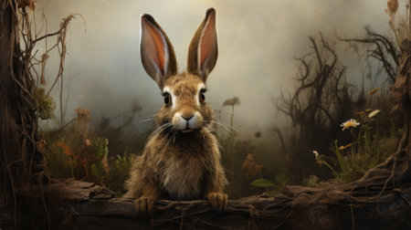 a cute rabbit peeks through a surrealistic scene, showcasing detailed wildlife in a forestpunk setting. this daz3d image captures the essence of photo-realistic landscapes with an eerily realistic attention to detail. ai generatedの素材