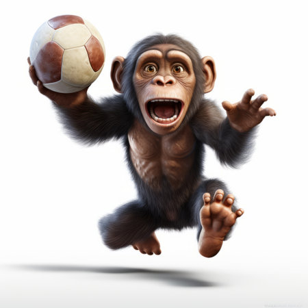 a chimpanzee, captured in a hyper-realistic and detailed photorealistic rendering, jumps energetically to collect a soccer ball. this ultra hd image showcases the lively facial expressions and character of the chimpanzee, making it a high-quality photo suitable for creative commons attribution and animal illustration purposes. ai generatedの素材