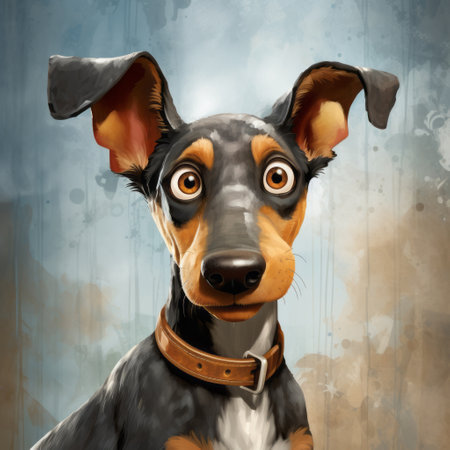 a playful caricature of a black and brown dog with glasses and a yellow collar is depicted in this colorful cartoon image. the artist's style, inspired by cyril rolando, stefan gesell, and dariusz zawadzki, captures the gentle expressions and emotional portraiture of the canine subject. ai generatedの素材