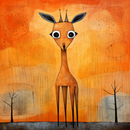 a whimsical figurative art piece featuring a calf with large eyes and a huge nose standing in front of trees. the orange and bronze color palette adds a decorative touch to the surreal theatrics of the painting. the spiky mounds and rubber material create a unique texture on the canvas. ai generatedの素材