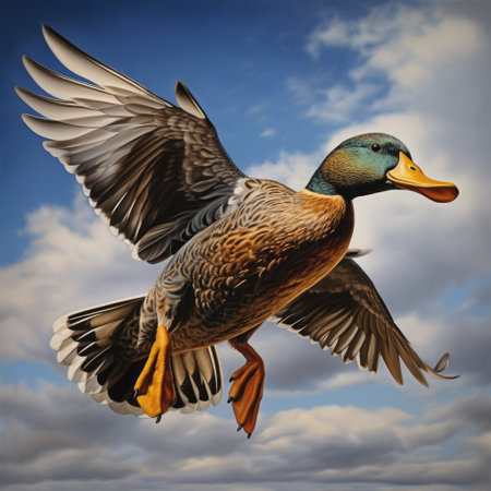 a duck gracefully soars through the sky, surrounded by billowy clouds. this realistic and hyper-detailed rendering captures the beauty of nature. the digital airbrushing technique, inspired by the works of mike ploog, enhances the dark bronze and yellow tones of the duck. this artwork showcases digitally enhanced, characterized animals in a stunning display. ai generatedの素材