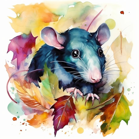 a watercolor painting of a rat amidst autumn leaves, combining realism with fantasy elements. the artwork by brian sum features a captivating blend of dark violet and dark aquamarine hues, creating a saturated color scheme. the use of quadratura technique adds depth, while elegant inking techniques and heavy shading enhance the overall elegance of the piece. ai generatedの素材