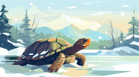 a big turtle is seen on a frozen lake during winter, surrounded by a snowy green forest. the illustration style is inspired by graphic design, featuring mountainous vistas and warm color palettes. this artwork combines elements of kombuchapunk, rtx, environmental portraiture, and vibrant landscapes. ai generatedの素材