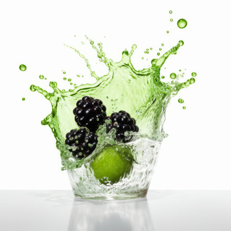 a blackberry is captured mid-air as it gracefully falls into a vibrant green and black shot glass. this stunning photograph by mike campau showcases a fusion of water and land, with elaborate fruit arrangements and organic flowing forms. shot with a pentax k1000, the image is a captivating display of color and movement. ai generatedの素材