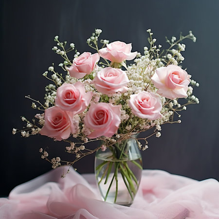 a vase filled with beautiful pink roses is placed on a sleek black surface. this captivating image, captured in the style of the tokina at-x 11-16mm f/2.8 pro dx ii lens, exudes a hazy and dreamlike quality. the ultra-high-definition (uhd) resolution highlights the delicate details of the gossamer fabrics surrounding the vase. inspired by the works of artist serge marshennikov, this photograph evokes romantic andの素材