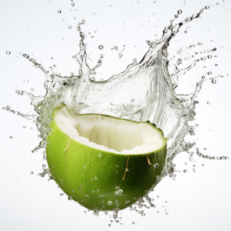 a green coconut with a water splash captured in the style of eadweard muybridge. this royalty-free image showcases the refreshing nature of the coconut water. the composition resembles the artistic influences of applecore, associated press photos, alastair magnaldo, jump cuts, close-up shots, and a touch of stark honesty. ai generatedの素材