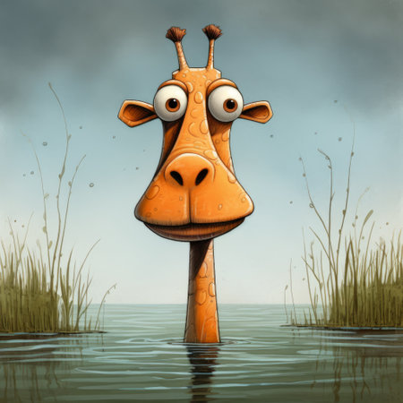 a cartoon giraffe, inspired by the style of peter gric and grzegorz domaradzki, stands by a lake. the giraffe has hairy toes and a playful, emotive facial expression. this high-resolution, stylized portraiture captures the soggy yet whimsical essence of the caricature. ai generatedの素材