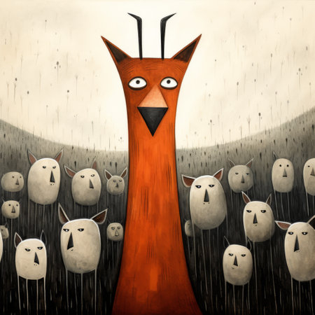 a red fox stands amidst a flock of white sheep, showcasing a moody expressionism style. the quirky character designs, reminiscent of goro fujita's work, blend with elements of german expressionism. the scene is enhanced by spiky mounds and an edward gorey-inspired atmosphere. the powerful and emotive portraiture captures the essence of this unique composition. ai generatedの素材