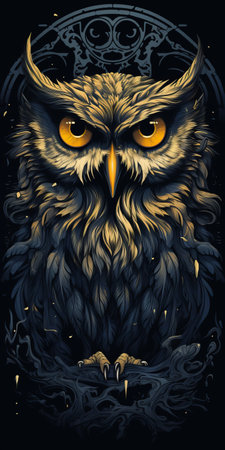 an owl perched amidst a bed of leaves on a black background. this hyper-detailed illustration showcases the owl in dark gray and amber tones. with a resolution of 32k uhd, the painted illustration features a captivating blend of light gold and dark blue. the composition draws inspiration from necronomicon illustrations, incorporating strong graphic elements. ai generatedの素材