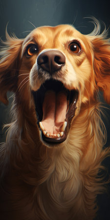 a happy dog is depicted in this digital illustration by john larriva. the dog is portrayed against dark backgrounds, showcasing the artist's realistic and hyper-detailed style. the use of gold and bronze tones adds an aggressive and action-packed feel to the artwork, creating an eerily realistic portrayal of the canine. ai generatedの素材