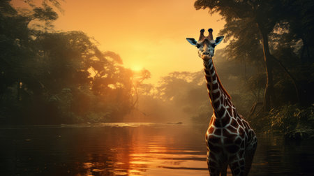 a giraffe gracefully stands amidst the lush greenery of a bush, captured in the artistic style of igor zenin. the photo showcases a mesmerizing blend of dark orange and light amber hues, creating a romantic atmosphere. this national geographic photo exudes serenity and calm, transporting viewers to tranquil tropical landscapes. ai generatedの素材
