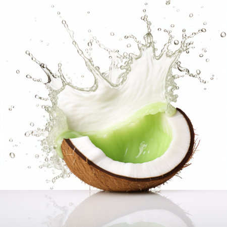 green liquid splashing out of a coconut, captured in a striking photo by alastair magnaldo. the vibrant green hue contrasts beautifully with the light beige and white background, creating a visually captivating image. this unique shot showcases the natural beauty and refreshing essence of a coconut, evoking a sense of freshness and vitality. ai generatedの素材