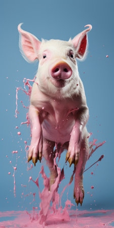a pink pig captured in a fluid photography style, showcasing a punctuated caricature. this image reflects the influence of the young british artists (ybas) movement, with its playful chaos and loose paint application. presented in uhd, this national geographic photo captures the essence of the subject with a unique artistic approach. ai generatedの素材