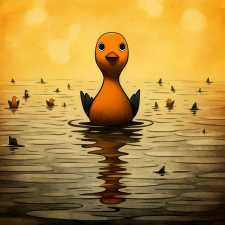 an orange duck floats on a serene lake, basking in the glow of a beautiful sunset. this surreal and cartoonish image, reminiscent of anton semenov's whimsical yet eerie animal symbolism, is brought to life through watercolor illustrations. rendered in maya, this adorable and slightly eerie duck design captures the essence of a soggy, yet captivating scene. ai generatedの素材