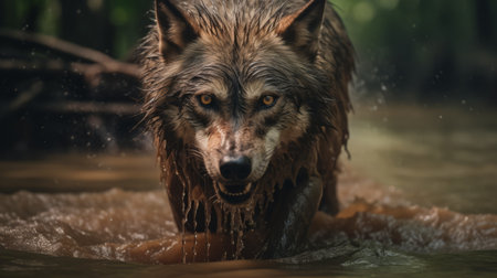 a wolf, captured in a close-up shot by marcin sobas, is seen tromping through a creek surrounded by trees. the realistic and emotive portrait showcases the wolf's dark gray and dark brown fur, while the saturated colors add an explosive wildlife feel to the image. ai generatedの素材