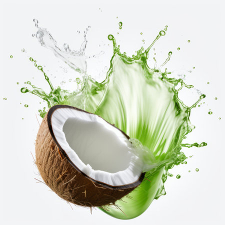 coconut water splash on a white background, featuring a vray tracing style with light green and dark emerald hues. the image is digitally enhanced, showcasing a mix of dark white and light emerald tones. the fragmented advertising concept is highlighted through bold colors, strong lines, and a captivating rotcore effect. ai generatedの素材