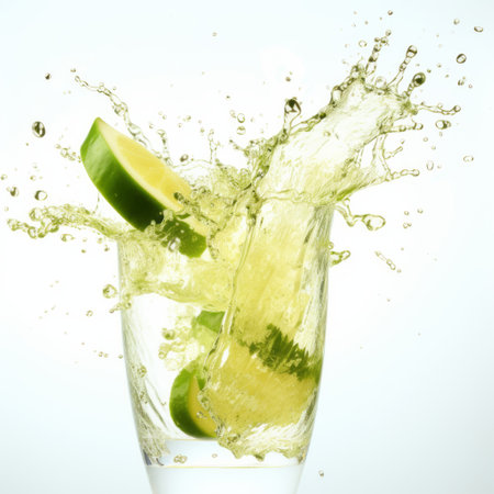 tropical drink water splash isolated on white, captured with the lensbaby optics style. this fragmented advertising image features a light green color palette and a sense of contained chaos. reminiscent of an associated press photo, it incorporates jump cuts and graphics reminiscent of xbox 360. ai generatedの素材